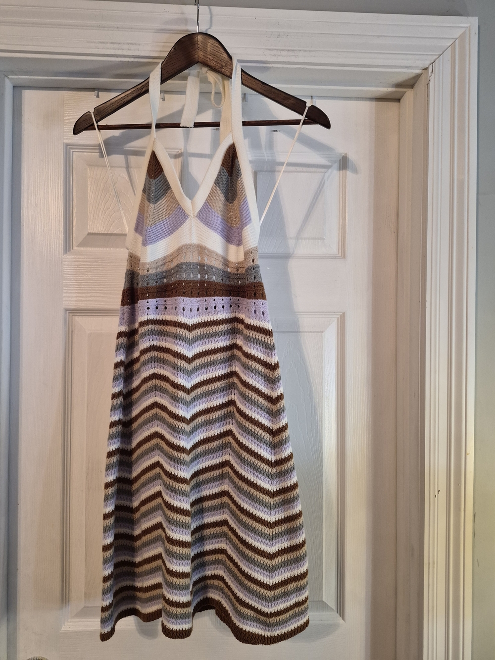 Pink Rose Crochet Halter Dress in Brown, Cream & Lavender Size Large